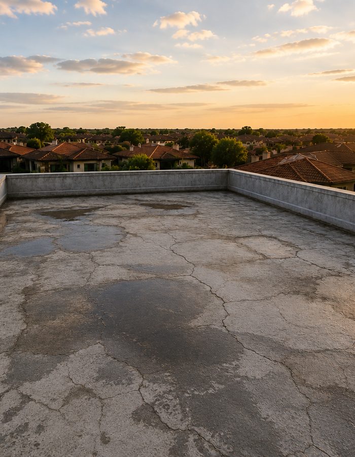 Flat concrete roof with cracked coating and ponding water before waterproofing